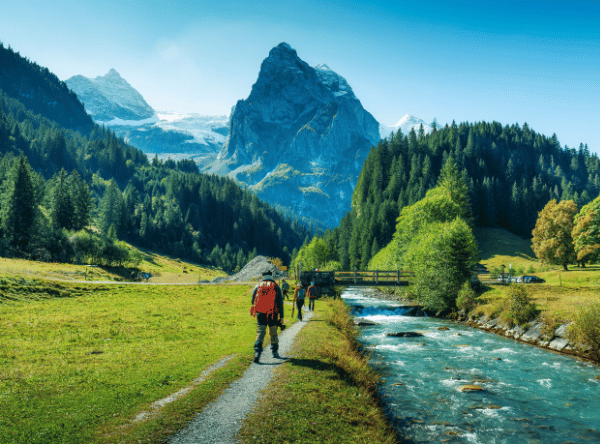 Wandelaar op een alpien bergpad langs een beek – Plan nu uw wandelvakantie